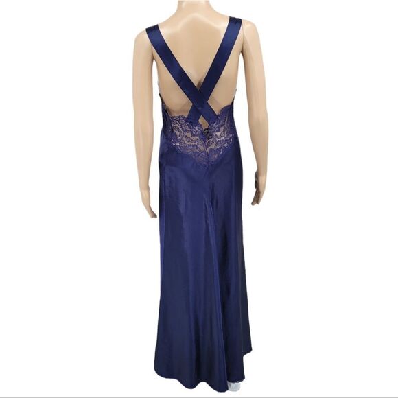 Vanity Fair Vintage Blue Satin Maxi Length Slip Dress Open Back Lace Panel Chest - Picture 4 of 13